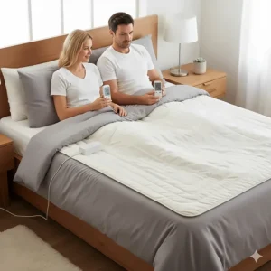 A double bed fitted with a dual-control electric blanket, perfect for couples with different heat preferences.