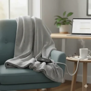 A plush grey heated throw draped over a chair, ideal for staying warm while working from home.