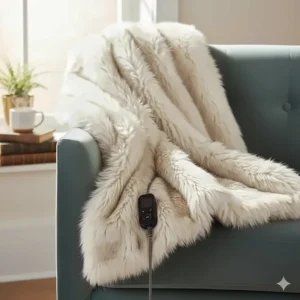 A close-up of a premium faux fur heated throw, showing the thick texture of a luxury electric blanket.