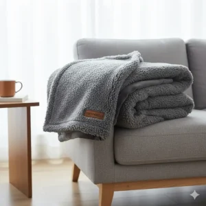 Double-sided grey sherpa fleece blanket with a soft velvet reverse, folded neatly on a sofa.