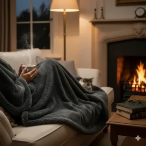 A person relaxing on a sofa with a cuppa and a thick faux fur throw during a cold British winter evening.