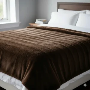 A large chocolate brown faux fur throw spread across a UK double bed to demonstrate size and coverage.