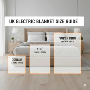 A size comparison chart showing an electric blanket super king size (183cm x 200cm) against standard UK double and king sizes.