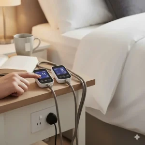Close-up of dual bedside controllers for an electric blanket super king size, allowing independent heat settings for couples.