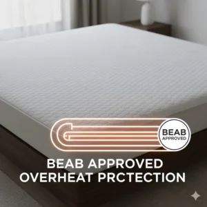 Graphic highlighting the BEAB approved overheat protection system on a premium electric blanket super king size.
