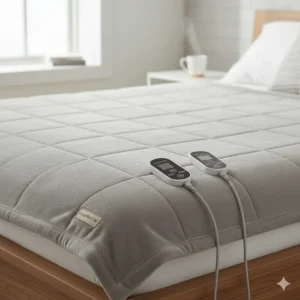 Close-up of a dual-control electric blanket with a plush fleece lining, a top choice for saving on heating bills.
