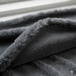 Detail of the reverse side of a faux fur throw featuring a colour-matched plush fleece lining for extra warmth.