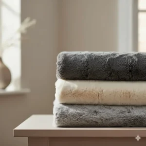 A stack of folded faux fur throws in charcoal, cream, and silver, showing the range of colours available for UK homes.