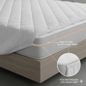 Diagram of a deep-fitted elasticated skirt on an electric blanket super king size designed to stay secure on thick mattresses.