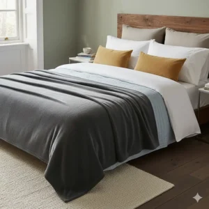 A stylish charcoal grey fleece blanket layered over a duvet on a double bed, showcasing a typical British bedroom interior.