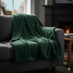 A thick fleece-lined weighted throw in forest green, ideal for keeping warm on a sofa during British winters.
