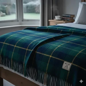 Traditional heavyweight merino wool blanket in a classic check pattern, ideal for British winter nights.