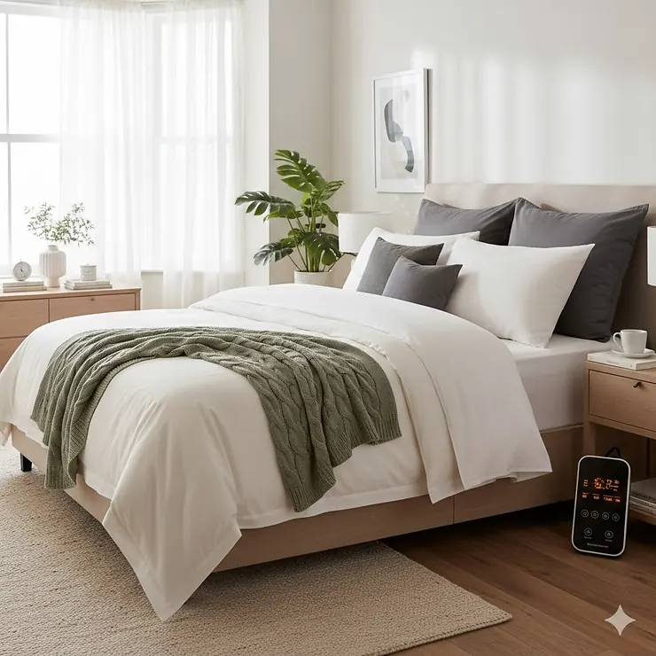 A luxurious electric blanket super king size fitted onto a large bed with plush pillows and duvet in a modern British bedroom.