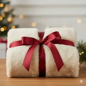 A faux fur throw neatly folded and tied with a silk ribbon, presented as a luxury gift idea for Christmas or housewarmings.