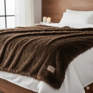 Thick, high-pile faux fur throw in chocolate brown, styled over a duvet for a luxurious winter bedroom look.