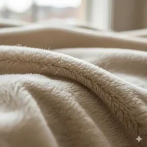 Close-up detail of a high-quality, soft-touch fleece fabric showing the premium pile and plush texture of a luxury throw.
