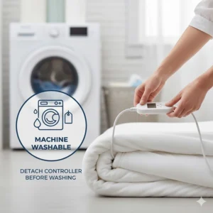 Illustration showing the detachable controller making the double electric blanket safe for machine washing.