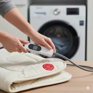 An illustration of a detachable power cable and controller for a machine-washable electric blanket.