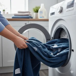 A soft fleece blanket being placed into a modern washing machine, demonstrating easy-care and durable fabric properties.