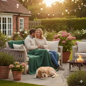 A thick, durable fleece blanket used on a garden patio chair, ideal for staying warm during British summer evenings.