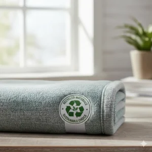An eco-friendly fleece blanket made from recycled polyester, highlighting sustainable textile choices for the UK market.