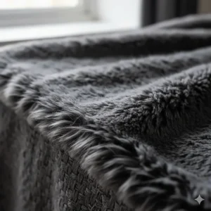 Close-up detail of soft, high-quality synthetic fibres showing the realistic texture of a premium faux fur blanket.