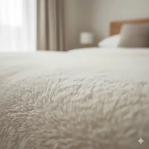 Detailed view of the soft white fleece material of a dual control electric blanket for a double bed.