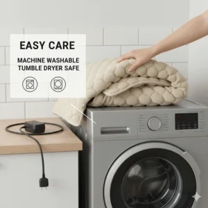 Illustration showing the detachable cord and plug, making the electric blanket super king size safe for machine washing and tumble drying.