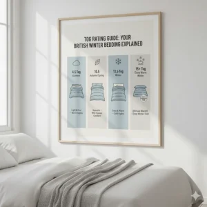 An infographic explaining tog ratings for winter blankets and duvets to help UK shoppers choose warmth levels.