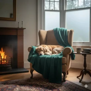 A warm fleece throw draped over a contemporary armchair, positioned near a window to illustrate home comfort and energy saving.