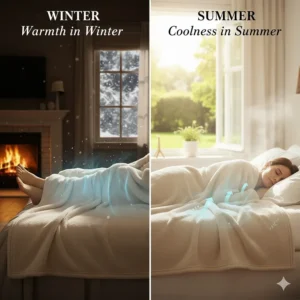A split-screen comparison showing a hypoallergenic blanket providing warmth by a fireplace in winter and breathability during a bright British summer.