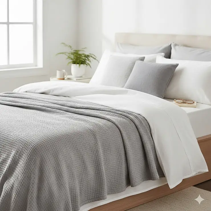 A high-quality, lightweight waffle-weave cotton blanket for hot sleepers styled on a modern bed with neutral linens. blanket for hot sleepers