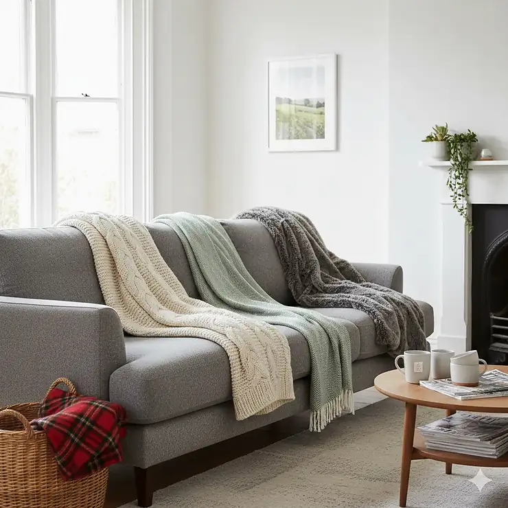 A selection of the best throw blankets under £50 draped over a grey sofa in a modern British living room. best throw blankets under £50