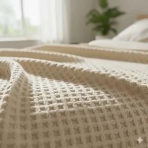 Close-up of a breathable waffle-weave cotton summer blanket, showing the high-quality texture ideal for UK summers.