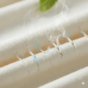 A photorealistic close-up of breathable cream-coloured fabric showing airflow and heat regulation for a comfortable night’s sleep.