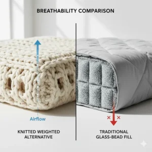 Infographic comparing the airflow of a knitted weighted blanket alternative versus traditional glass-bead fills.