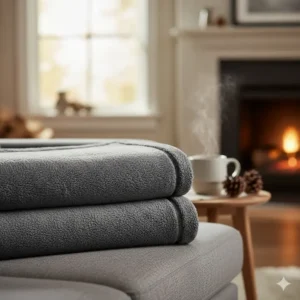 A thick charcoal grey fleece throw folded neatly on a grey fabric settee, ideal for winter.
