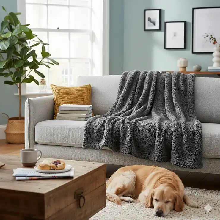 Large charcoal grey teddy fleece blanket draped over a modern sofa in a cosy British living room. teddy fleece blanket