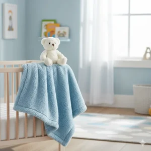 A smaller light blue teddy fleece blanket suitable for a child's bedroom or nursery.