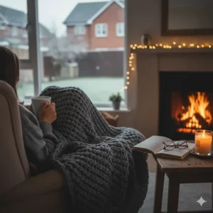 A stack of chunky knit blankets in mustard, navy, and forest green showing trendy UK interior colour palettes.