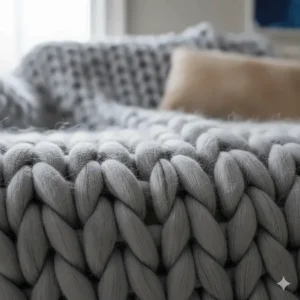 Close-up of the thick, oversized wool weave on a handmade chunky knit blanket showing the detailed texture of the yarn.