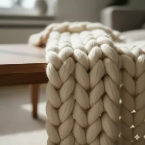 Close-up of a chunky knit cream blanket for a sofa showing the heavy yarn texture.