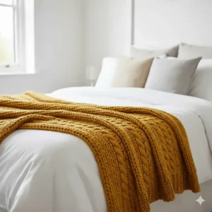 A chunky mustard yellow knitted throw blanket spread across the foot of a bed.