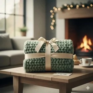 A cosy evening scene featuring a chunky knit throw, a mug of tea, and books on a wooden coffee table in a British home.