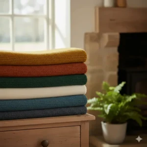 A stack of folded wool blankets in various autumnal colours like mustard, rust, and forest green.