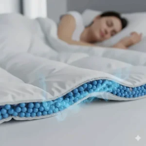 A cooling weighted blanket for hot sleepers, featuring glass bead filling and a temperature-neutral outer cover.