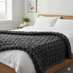 A charcoal grey chunky knit blanket layered on a white duvet in a cosy UK bedroom setting with minimalist decor.