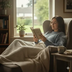 A person relaxing in an armchair with a thick cotton blanket over their lap and a cup of tea.