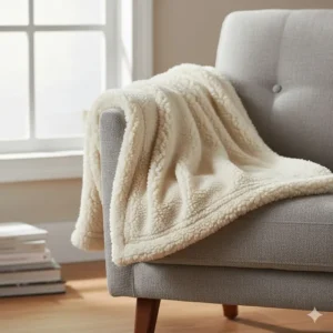A thick cream fleece throw blanket folded on an armchair, ideal for staying warm for under £50.