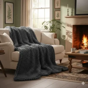 A large super king blanket used as a sofa throw in a cosy UK living room setting with a fireplace.